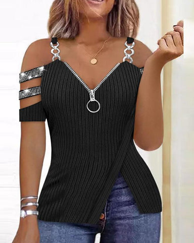 Image of Fashion Y2K Women's Top 2023 Summer Casual Rhinestone Decoration Zipper Details Split Bottom Cold Shoulder Basic Women's T-Shirt-FrenzyAfricanFashion.com