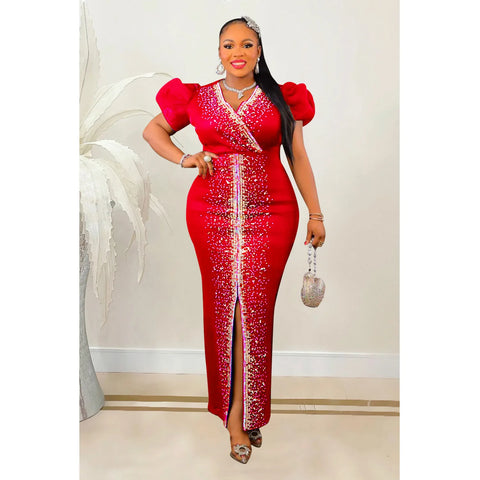 Image of 2023 Women Luxury Diamonds Hot Drill Wrap V-neck Puff Short Sleeve Bodycon Midi Maxi Dress Sexy Night Club Birthday Vestidos-FrenzyAfricanFashion.com