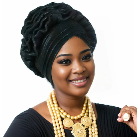 Image of Fashion Women Elastic Ruffle African Turban Cap Lady Head Wraps Nigeria Wedding Auto Gele Headtie Party Headgear Headwear Hat-FrenzyAfricanFashion.com
