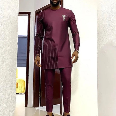 Image of Men's Elegant Long Sleeve Suit Shirt Pants 2-piece Solid Color Party Long Sleeve African Ethnic Style-FrenzyAfricanFashion.com