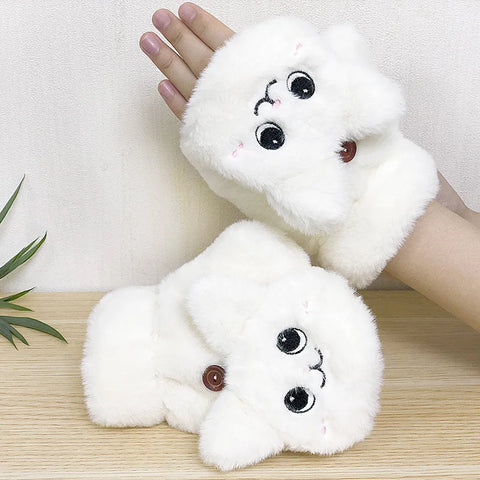 Image of Fashion Women Plush Warm Glove Fur Rabbit Cat Mittens Flip Fingerless Gloves Soft Girls Thick Gloves Flexible Half Finger Winter-FrenzyAfricanFashion.com