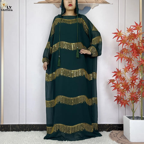 Image of 2024 Muslim Abayas For Women Prayer Garment Ramadan Chiffon Sequin Loose Long Sleeved Boubou Maxi Islam Femme Robe With Hooded-FrenzyAfricanFashion.com