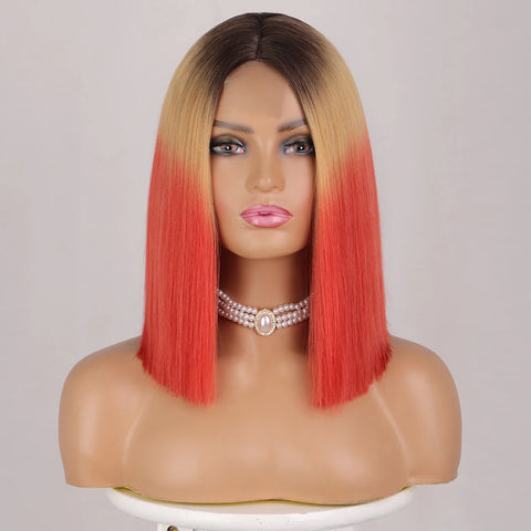 Image of Ombre Red Bob Wig for Women Short Straight Middle Part Wigs Cosplay Party Synthetic Heat Resistant Fake Hair Shoulder Length Wig-FrenzyAfricanFashion.com