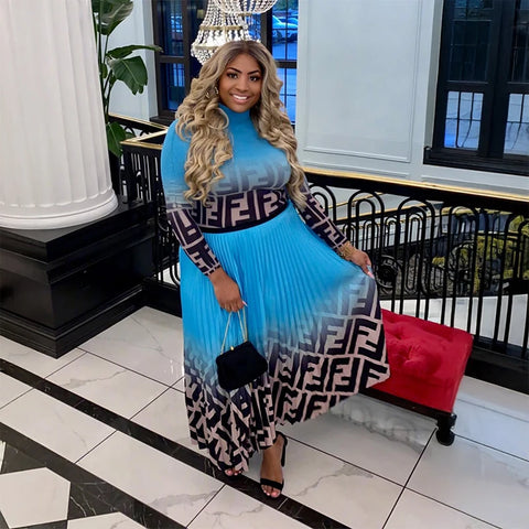 Image of women Pleated long skirt 2-Piece sets fashion 2025 Gradient skirts Elastic Waist Long sleeve top suit Party plus size clothing-FrenzyAfricanFashion.com