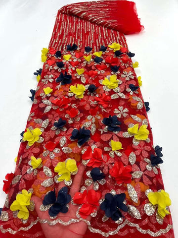 Image of Sequins Applique Fashion 3D Flower Embroidery French Tulle Fabric-FrenzyAfricanFashion.com