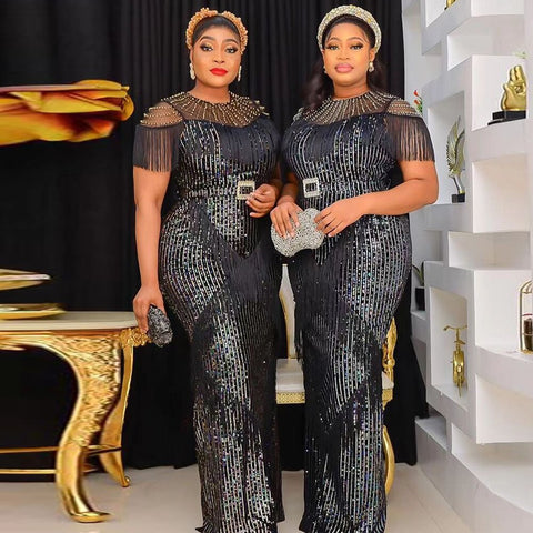 Image of Luxury Sequin Evening Dress Tassel Bodycon Gown Wedding Party Birthday Dress 2023 Summer Clothing-FrenzyAfricanFashion.com