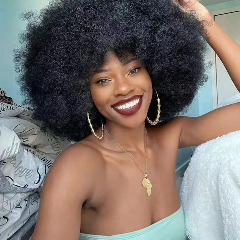 Image of Short Synthetic Afro Kinky Curly Wigs for Women With Bangs-FrenzyAfricanFashion.com