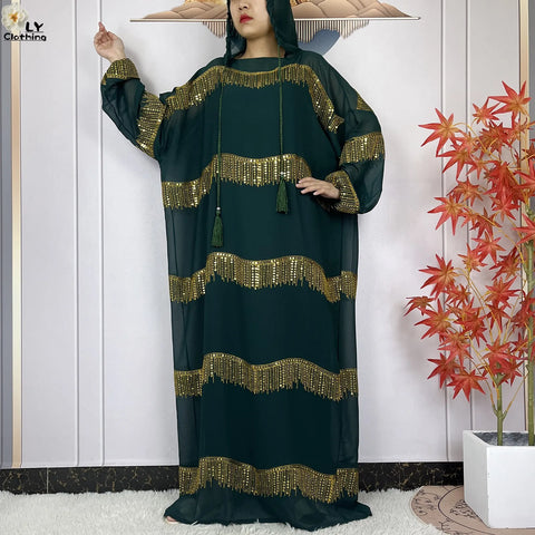 Image of 2024 Muslim Abayas For Women Prayer Garment Ramadan Chiffon Sequin Loose Long Sleeved Boubou Maxi Islam Femme Robe With Hooded-FrenzyAfricanFashion.com