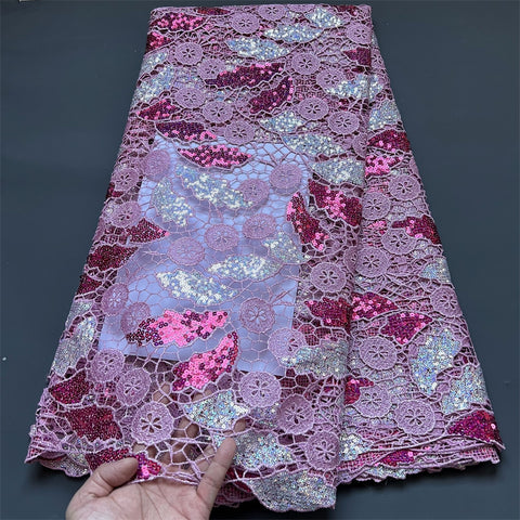 Image of African Nigerian Lace Fabric Embroidery French Tulle Cotton 5Yards-FrenzyAfricanFashion.com