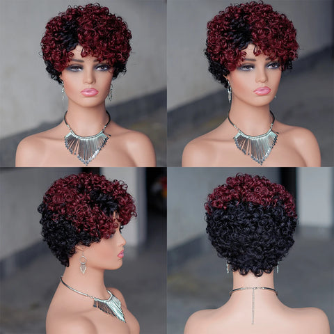 Image of 6inch Short Curly Wigs T1B/99J None Lace Front Human Hair Wigs with Bangs 180% Density Machine Made Pixie Cut Curly Wave Wig-FrenzyAfricanFashion.com