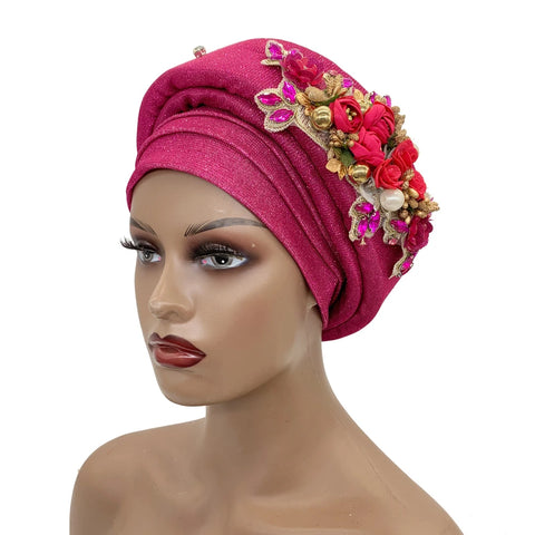 Image of Exquisite Bouquet Headtie Traditional Marriage Wedding Auto Gele Bonnet Head Wraps-FrenzyAfricanFashion.com