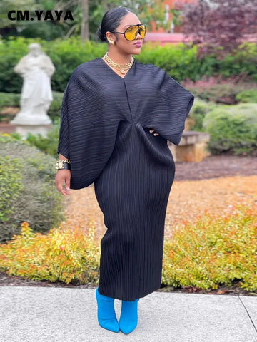 Image of Women Pleated Batwing Long Sleeve V-neck Slim Maxi Long Dress Ruched Dresses-FrenzyAfricanFashion.com