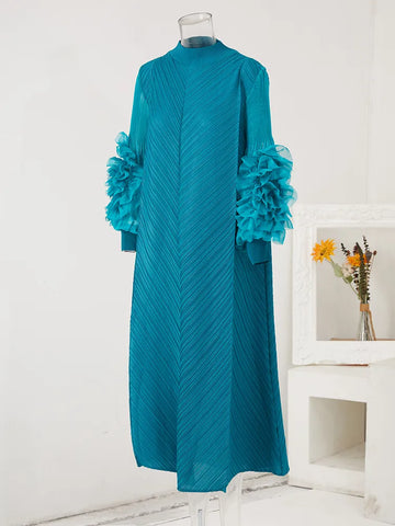 Image of Maxi Pleated Dress Round Neck Spliced Full Sleeve Dresses For Women-FrenzyAfricanFashion.com