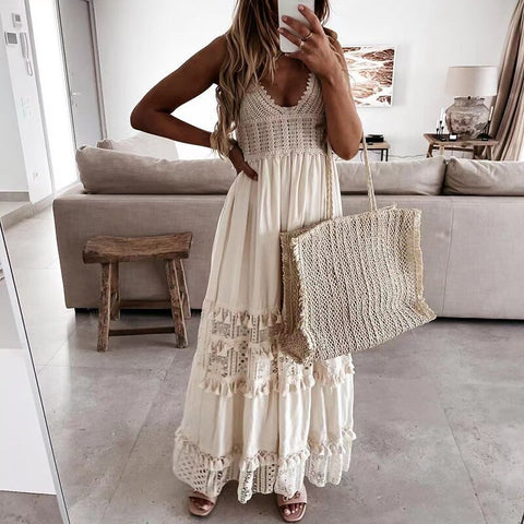 Image of Off Shoulder Lace Patchwork Elegant Dress Women Summer 2021 V Neck Spaghetti Strap Dress Female New Fashion Solid Party Dresses-FrenzyAfricanFashion.com