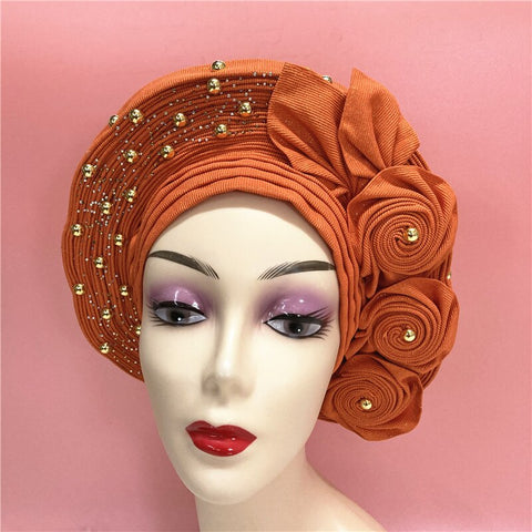 Image of African headtie nigerian gele headties with beads and stones women head wrap sewing fabric for party 1set-FrenzyAfricanFashion.com