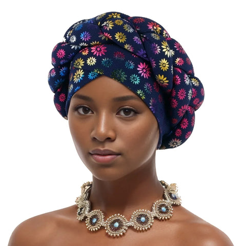 Image of Flower Bronzing African Braid Turban Caps Shining Women's Head Wraps Nigeria Wedding Geles Party Headgear Auto Gele Headtie-FrenzyAfricanFashion.com