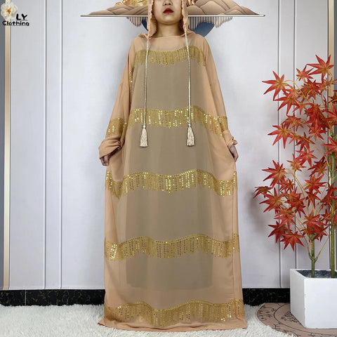 Image of 2024 Muslim Abayas For Women Prayer Garment Ramadan Chiffon Sequin Loose Long Sleeved Boubou Maxi Islam Femme Robe With Hooded-FrenzyAfricanFashion.com