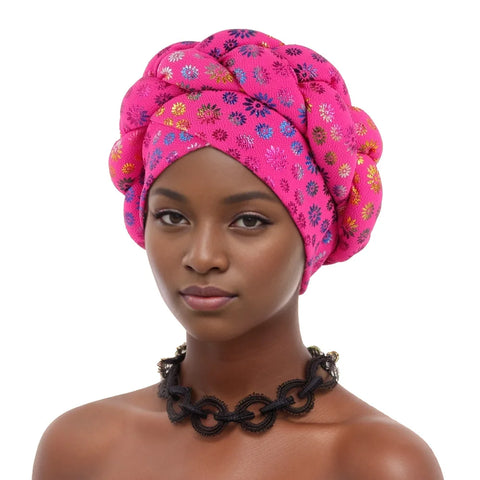 Image of Flower Bronzing African Braid Turban Caps Shining Women's Head Wraps Nigeria Wedding Geles Party Headgear Auto Gele Headtie-FrenzyAfricanFashion.com