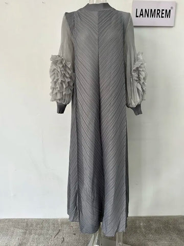 Image of Maxi Pleated Dress Round Neck Spliced Full Sleeve Dresses For Women-FrenzyAfricanFashion.com