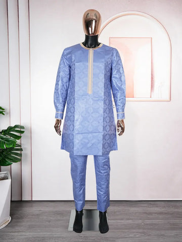 Image of Traditional Wear Formal Attire Bazin Riche Dashiki Outfits Shirt Pants Robe Suit No Cap African Men Agbada-FrenzyAfricanFashion.com