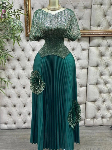 Image of Wedding Guest Luxury Pleated 2 Pieces Set Women Short Batwing Half Sleeved Irregular Hem Top + 3D Flowers A-line Skirt-FrenzyAfricanFashion.com