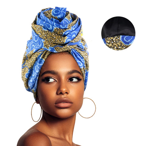 Image of Woman African Satin Lined Turban Cap Big Flower Hat Floral Printed Headwrap Bonnet Muslim Headscarf Ladies Beanies-FrenzyAfricanFashion.com