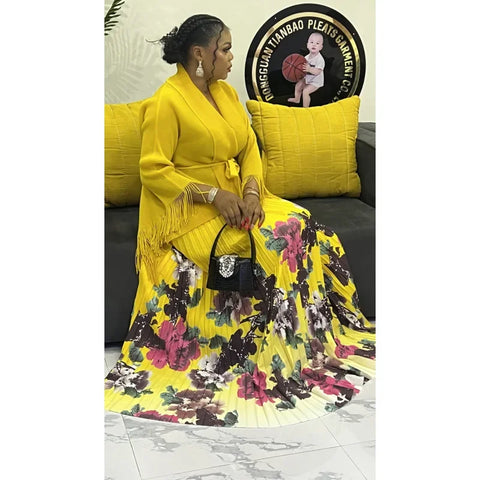 Image of Pleated Women's Suit New Fashion Long Sleeve Lace Up Top + Printed Big Swing Skirt Two Piece Women's Suit-FrenzyAfricanFashion.com