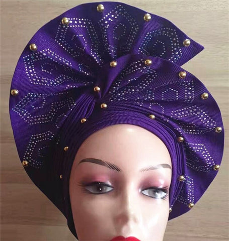 Image of African headtie nigerian gele headties with beads and stones women head wrap sewing fabric for party 1set-FrenzyAfricanFashion.com