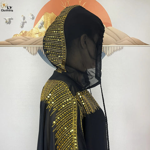 Image of 2024 Muslim Abayas For Women Prayer Garment Ramadan Chiffon Sequin Loose Long Sleeved Boubou Maxi Islam Femme Robe With Hooded-FrenzyAfricanFashion.com