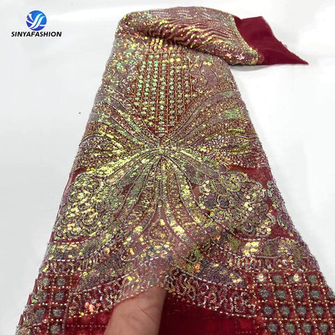 Image of High Quality African Nigerian French Tulle Fully Sequins Luxury Heavy Handmade Beaded Lace Fabric For DIY Wedding Dress-FrenzyAfricanFashion.com