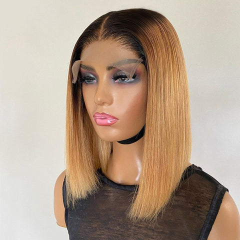 Image of Straight Bob Pixie Cut Wig Remy 4x4 Lace Closure Wig Pre Plucked 13x4x1 Lace Front Wig Brown Ombre Human Hair Wigs for Women-FrenzyAfricanFashion.com