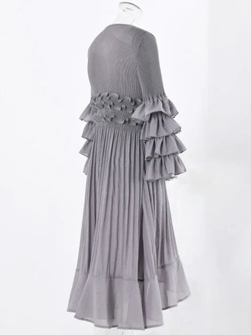 Image of Fashion Pleated Dress O-Neck Long Sleeved Solid Color-FrenzyAfricanFashion.com