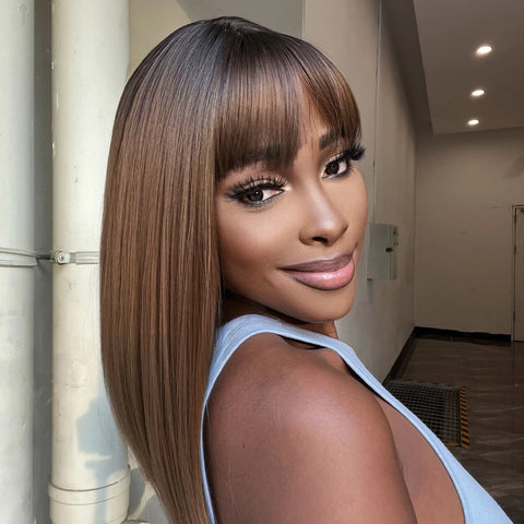 Image of Brown Ombre Synthetic Women Medium Length Wig with Bangs Heat Resistant-FrenzyAfricanFashion.com