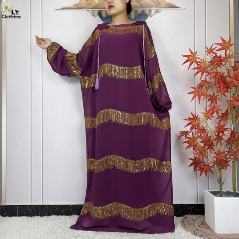 Image of 2024 Muslim Abayas For Women Prayer Garment Ramadan Chiffon Sequin Loose Long Sleeved Boubou Maxi Islam Femme Robe With Hooded-FrenzyAfricanFashion.com