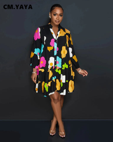 Image of Women Floral Printed Lantern Long Sleeve Single Breasted Loose Shirt Style Babydoll Dress-FrenzyAfricanFashion.com