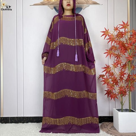 Image of 2024 Muslim Abayas For Women Prayer Garment Ramadan Chiffon Sequin Loose Long Sleeved Boubou Maxi Islam Femme Robe With Hooded-FrenzyAfricanFashion.com