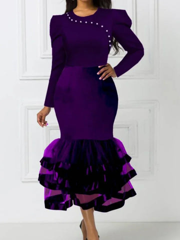 Image of Purple Dresses Mermaid Mesh Long Sleeves Beading Party for Women Package Hip Wedding Guest Female Gowns Occasion Winter African-FrenzyAfricanFashion.com