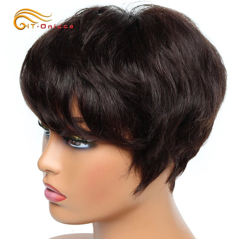 Image of Cheap Human Hair Wigs Short Bob Pixie Cut Wig Human Hair For Women perruque cheveux humain Brazilian Hair Colored Wig With Bangs-FrenzyAfricanFashion.com
