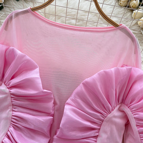 Image of Basics Ruffle Spliced O-neck Vintage Long Sleeves Slim Mesh Top Office Lady Spring Autumn Women T-Shirts-FrenzyAfricanFashion.com