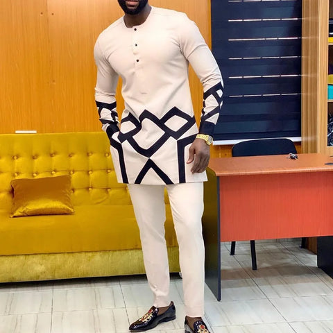 Image of Men's Elegant Long Sleeve Suit Shirt Pants 2-piece Solid Color Party Long Sleeve African Ethnic Style-FrenzyAfricanFashion.com
