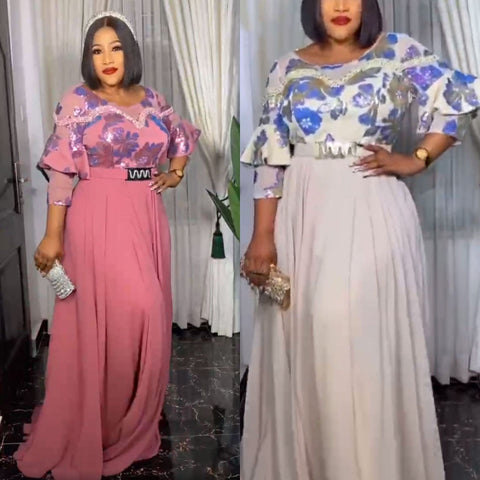 Image of Summer Dresses Women 3/4 Sleeve O-neck Polyester Pink Long Maxi Dress with Belt-FrenzyAfricanFashion.com