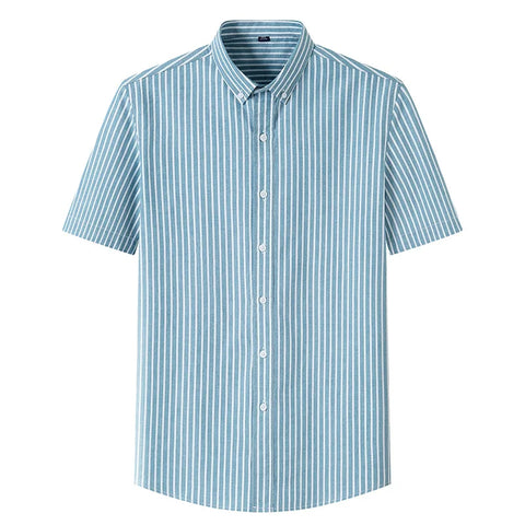 Image of Summer Shirt Men Cotton Solid Color Stripe Plaid Shirt Men Short Sleeve Casual Fitting Oxford Short Sleeve Shirts for Men Causal-FrenzyAfricanFashion.com