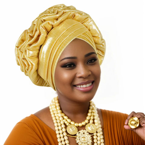 Image of Fashion Women Elastic Ruffle African Turban Cap Lady Head Wraps Nigeria Wedding Auto Gele Headtie Party Headgear Headwear Hat-FrenzyAfricanFashion.com