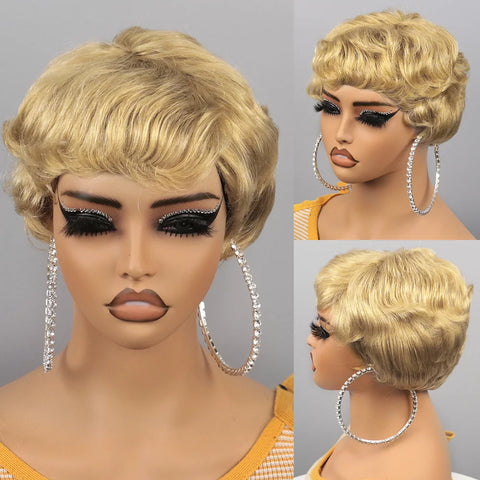 Image of Brown Short Pixie Cut Wig Human Hair For Black Women Machine Made Wigs With Bangs Colored Brazilian Wig Human Hair Wigs-FrenzyAfricanFashion.com