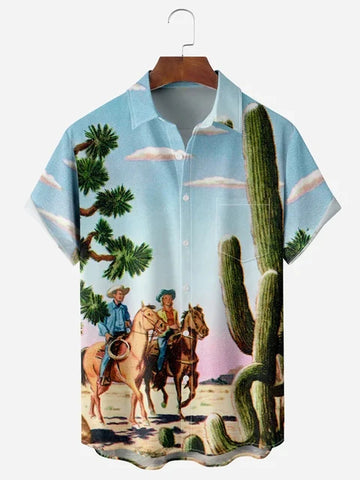 Image of Men Vintage Ethnic Hawaiian 3D Print Short Sleeve Lapel Button Streetwear-FrenzyAfricanFashion.com