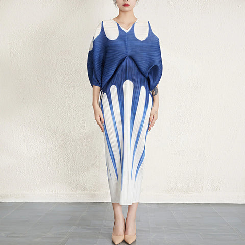 Image of Color Block Printing Pleated Dress Batwing Sleeves Dresses-FrenzyAfricanFashion.com