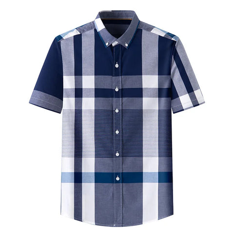 Image of Summer Shirt Men Cotton Solid Color Stripe Plaid Shirt Men Short Sleeve Casual Fitting Oxford Short Sleeve Shirts for Men Causal-FrenzyAfricanFashion.com