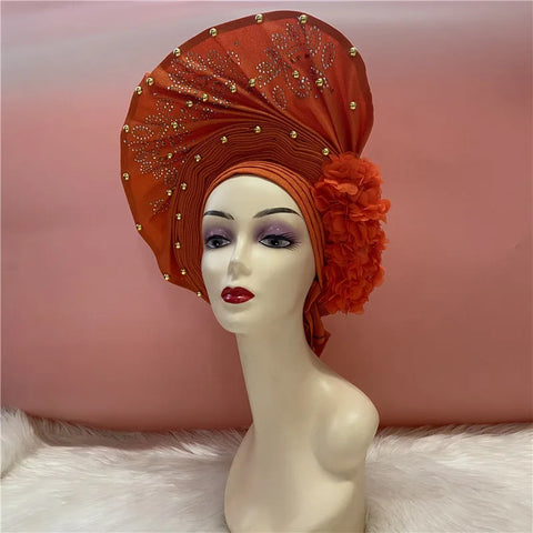 Image of African Nigerian gel headgear with stone bead already made auto turban afro aso ebi gel aso oke wide br im headgear 9L032801-FrenzyAfricanFashion.com
