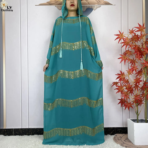 Image of 2024 Muslim Abayas For Women Prayer Garment Ramadan Chiffon Sequin Loose Long Sleeved Boubou Maxi Islam Femme Robe With Hooded-FrenzyAfricanFashion.com