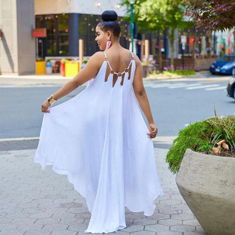 Image of Summer New Women's Fashion Sexy Sleeveless Open Back Long Street Dress Solid Loose Pullover Metal Decoration Dress-FrenzyAfricanFashion.com